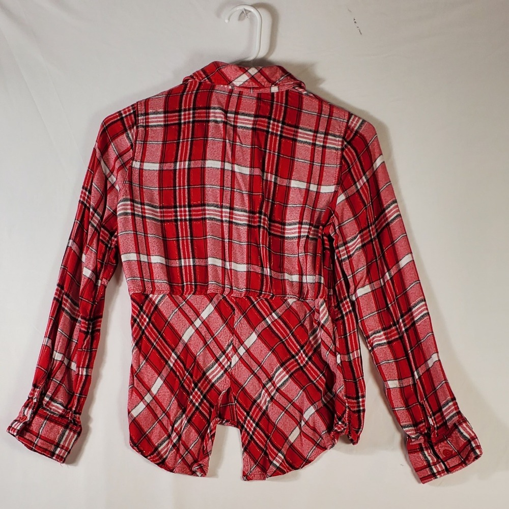 Justice Red Plaid Sparkle Flannel Shirt Kids Size 14 Embellished Pocket - Picture 7 of 8